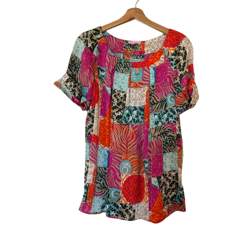 Lilly Pulitzer Magenta Multicolor Patchwork Silk Blouse